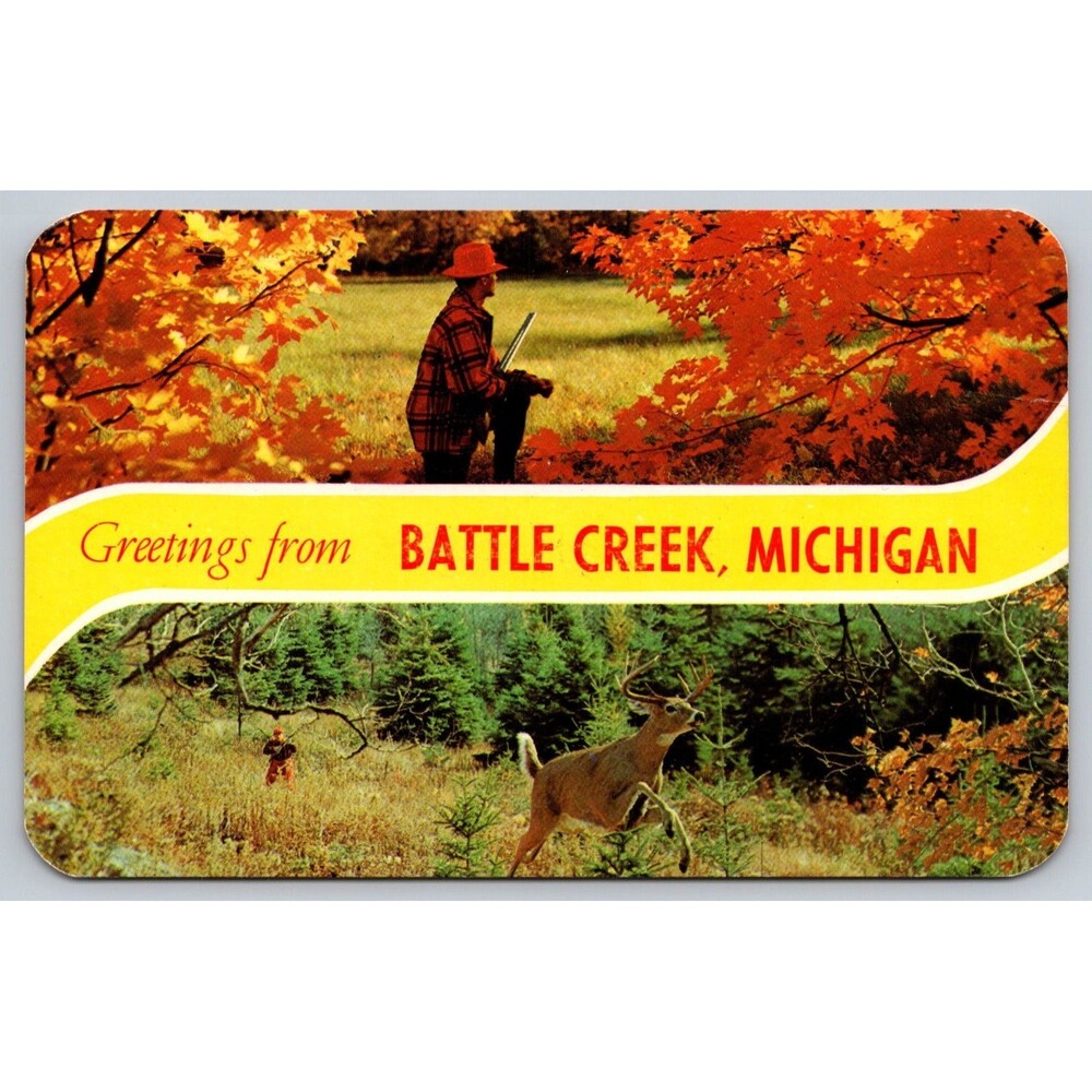 Vintage Postcard Greetings from Battle Creek Michigan Hunting Deer Buck Chrome